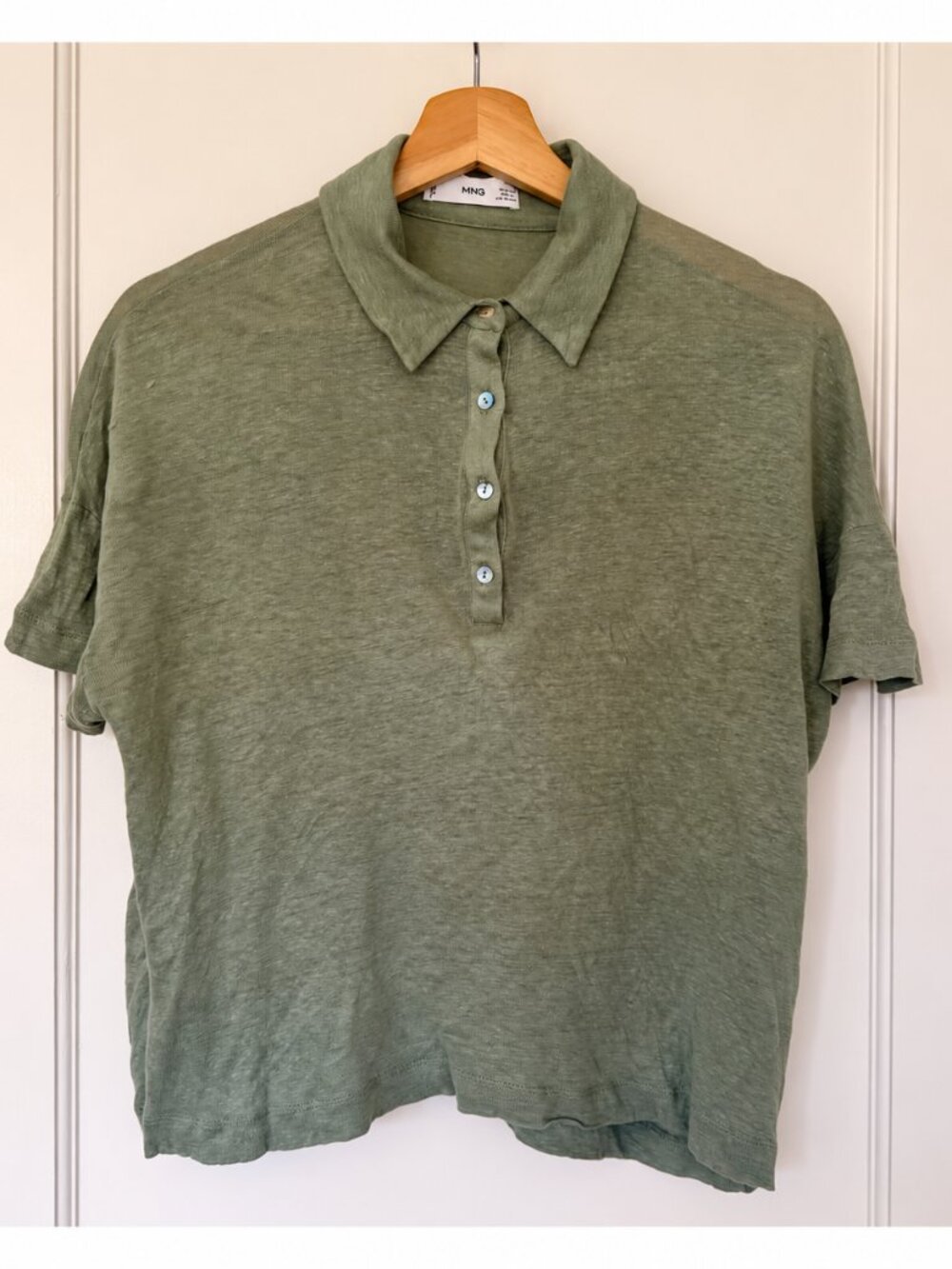 Mango MNG Sage Green Linen Polo Shirt Short Sleeve Size S